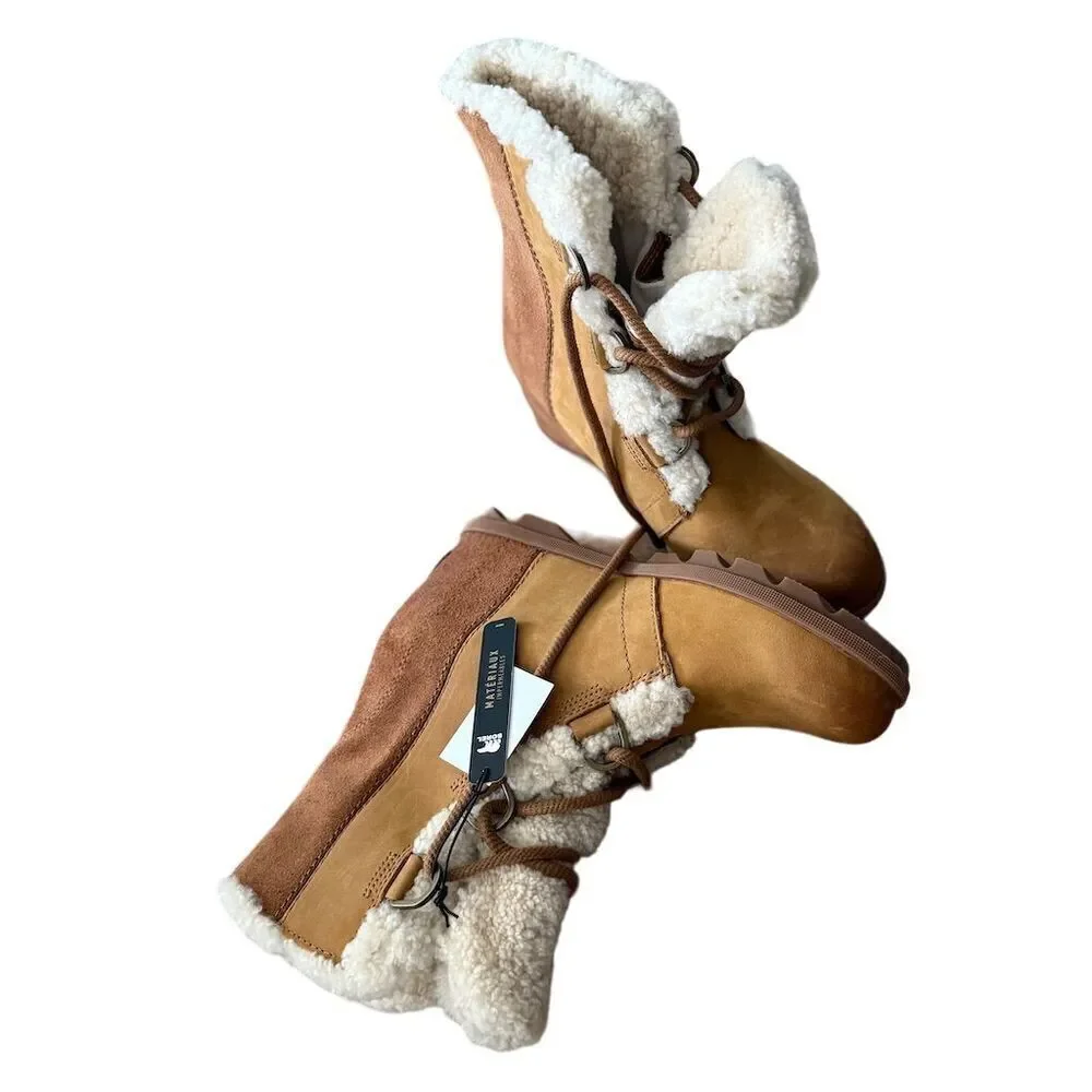 Sorel Joan Of Arctic Wedge Shearling 9.5 Boots Leather Camel